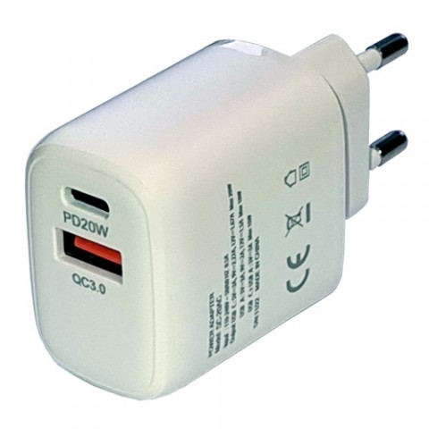 Tinklo įkroviklis 220V USB + USB C 20W greito krovimo (QC3.0) baltas (white) 